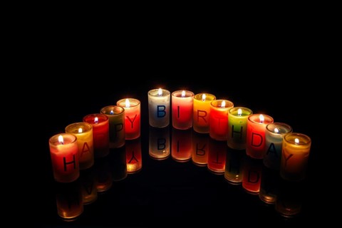 Birthday candles with letters forming the words 'Happy Birthday'