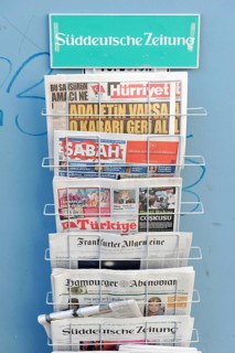 Magazine rack with German and Turkish newspapers