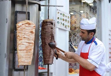 Doner food stand with lamb kebab and chicken kebab