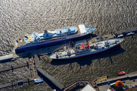 Museum ship 'MS Cap San Diego' with the cruise ship 'MV Explorer' at Ueberseebruecke pier