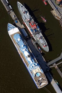 Museum ship 'MS Cap San Diego' with the cruise ship 'MV Explorer' at Ueberseebruecke pier