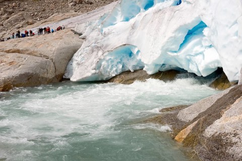 Blue ice and runoff of the glacier tongue of Nigardsbreen Glacier