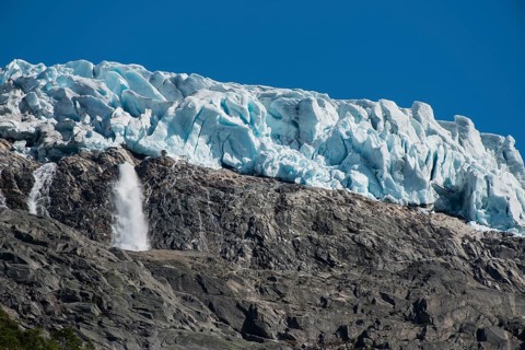 Seracs above steep rocks on Jostedalsbreen or Jostedal Glacier