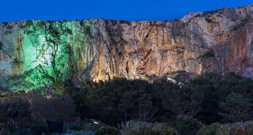 Illuminated rock for climbers at the El Bahira camping site