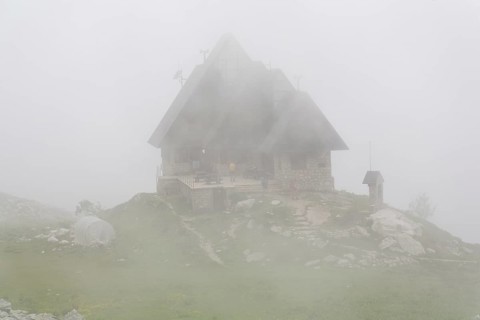 Rifugio Garelli mountain hut in the fog