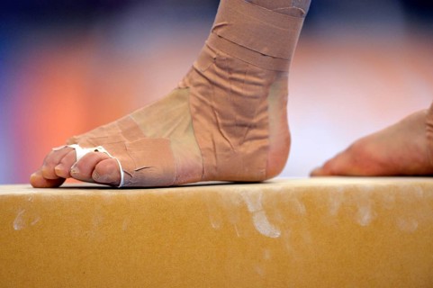 Detail view of a bandaged foot