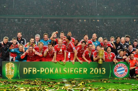 FC Bayern celebrating their triple victory
