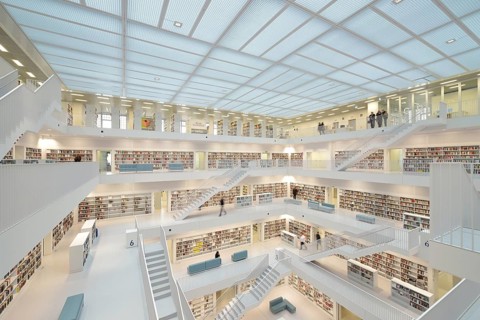 Gallery hall with steps of the Stuttgart City Library on Mailaender Platz square
