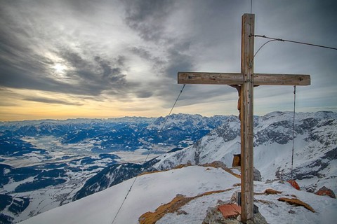 Summit cross on summit of Eiskogel mountain