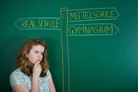 Girl pondering in front of school signs drawn on a blackboard with the signpost directing to the varying types of German secondary schools