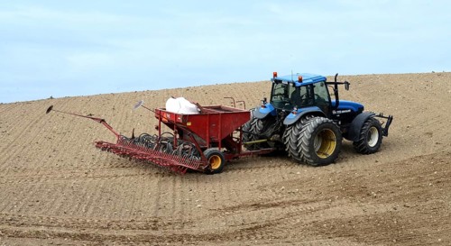 Tractor planting wheat seeds in autumn