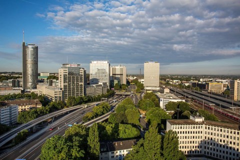 Skyline along the A40 motorway or Ruhrschnellweg with RWE Tower