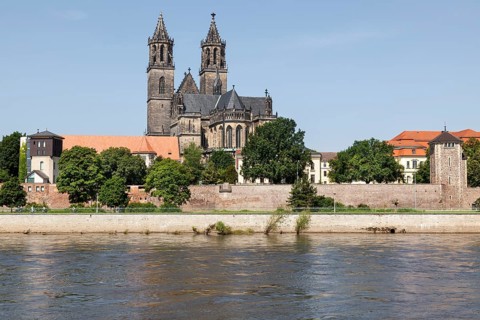 River Elbe with Magdeburg Cathedral and Furstenwall