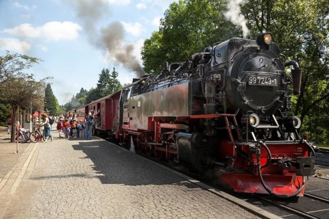 Brockenbahn steam train with tourists boarding