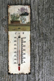 An old thermometer hanging on a weathered wooden wall
