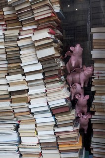 Stacked books and decorative pigs in a shop window