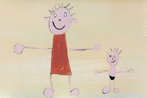 Mother in a dress and a son in swimwear
