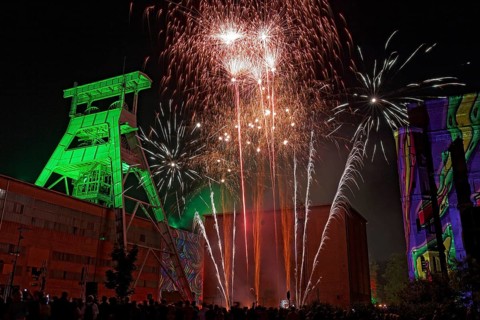 Fireworks over the disused coal mine of Zeche Ewald Colliery during ExtraSchicht