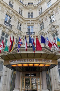 Hotel entrance with international flags