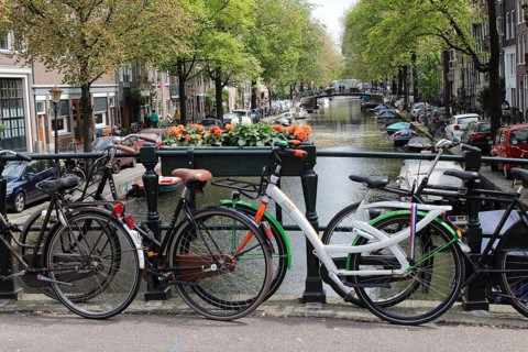 Bikes on a bridge over canal
