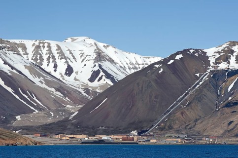 Abandoned Russian mining town of Pyramiden with the entrance to a coal mine