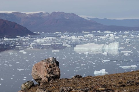 Rocky landscape of the island of Sorte Oer in front of drifting icebergs