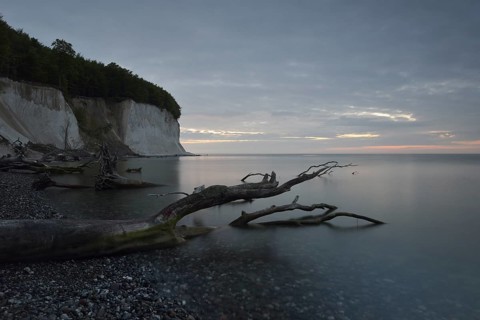 Steep coast with chalk cliffs at sunrise