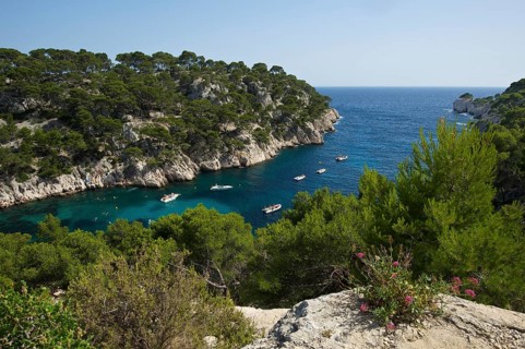 Boats in the rocky bay Calanque de Port-Pin