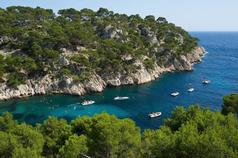 Boats in the rocky bay Calanque de Port-Pin