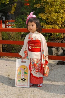 Girl wearing a festive kimono at the Shichi-go-san festival or Seven-Five-Three festival