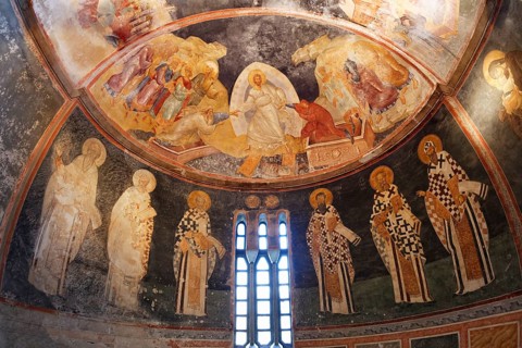 Anastasis fresco and Church Fathers wearing bishop's robes in the Parekklesion or Funeral Chapel
