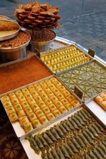 Baklava and other Turkish sweets in the shop window of Hafiz Mustafa