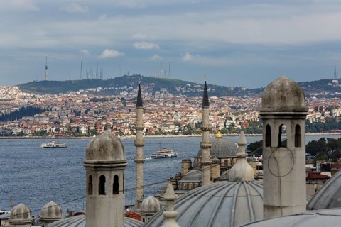View of Suleymaniye Mosque across the Rustem Pasha Mosque and the Bosphorus to Uskudar on the asian side of the city