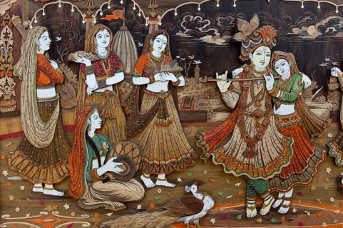 Radha Krishna with Gopis and a flute-playing Krishna