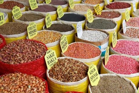 Various beans and corn in bags