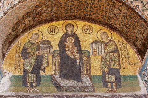 Byzantine mosaic of the Virgin Mary between Justinian and Constantine with the symbol of Constantinople