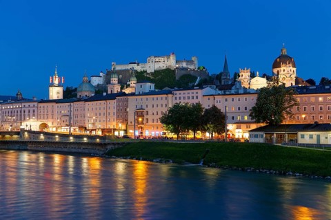 View from Makartsteg bridge over Salzach River towards the historic town centre