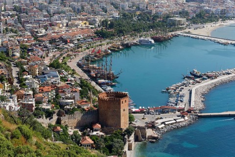 Historic town centre of Alanya with the port and Kizil Kule or Red Tower