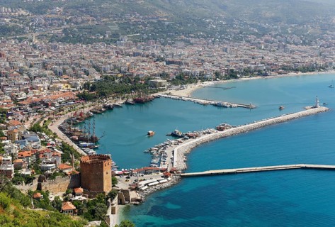 Historic town centre of Alanya with the port and Kizil Kule or Red Tower