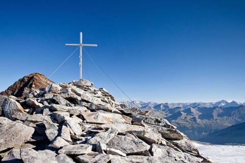 Summit cross on Fernerkoepfl Mountain in the Rieserferner Group of Puster Valley
