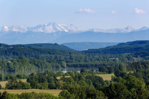 View from Reichling over the Lech River towards Zugspitze Mountain