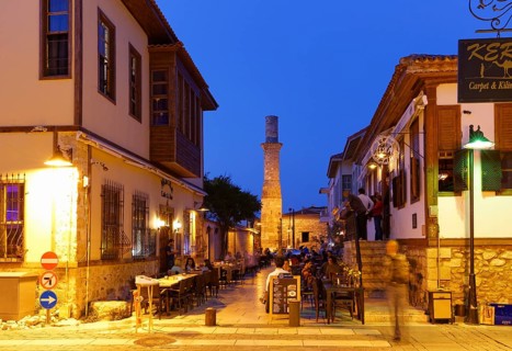 Hesapci Sokak lane in the old town with Kesik Minare or Broken Minaret