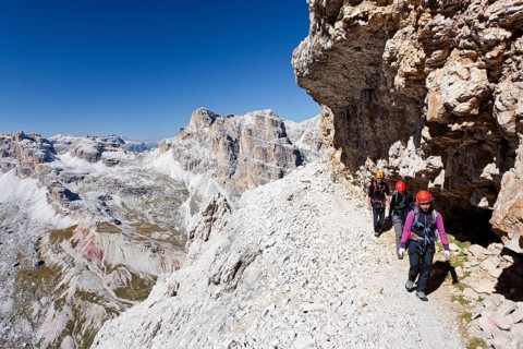 Mountain climbers during the ascent of Mt Tofana di Roze on the Via Ferrata Giovanni Lipella