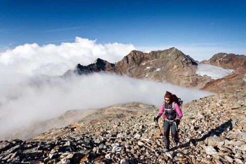 Climber trying to climb Fernerkoefl Mountain in the Rieserferner Group