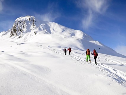 Cross-country skiers ascending a mountain