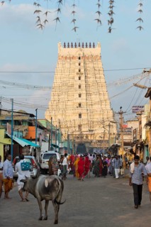 Street scene with pilgrims in front of the Gopuram or gateway tower