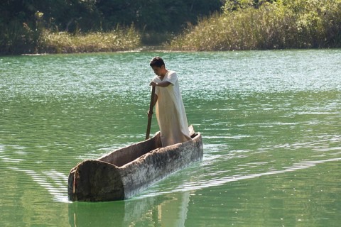 Boy from the Lacandon tribe preparing to fish in the lagoon near the village of Naha