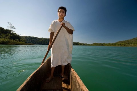 Boy from the Lacandon tribe preparing to fish in the lagoon near the village of Naha