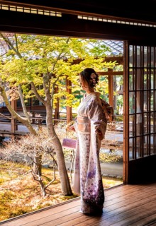 Japanese woman dressed with kimono in the courtyard of O-shoin