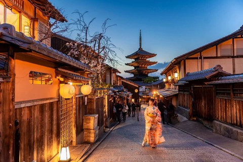 Woman in kimono in a lane